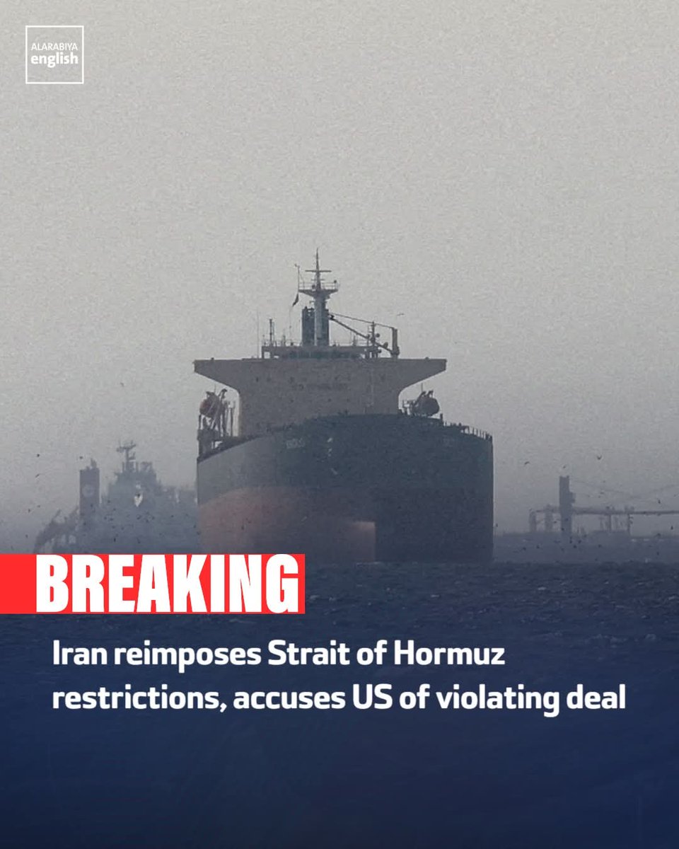 ijmuhammadt's tweet photo. 🔴 BREAKING: Iran’s central military command says it has reimposed restrictions on the Strait of Hormuz after accusing the US of violating a deal to reopen the key shipping route. https://t.co/4DpWj3p7wW