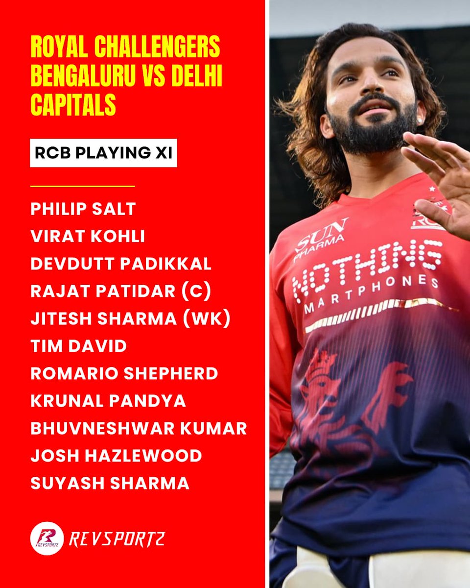 RevSportzGlobal's tweet image. 🚨The playing XIs are out.

#IPL2026 #RCB #DC #RCBvDC