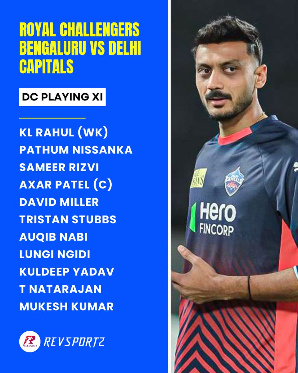 RevSportzGlobal's tweet image. 🚨The playing XIs are out.

#IPL2026 #RCB #DC #RCBvDC