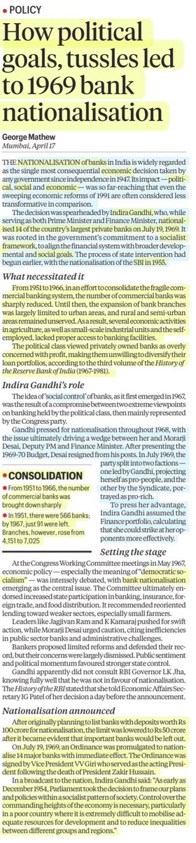 imRavikantYadav's tweet image. How political goals,tussle led to 1969 bank Nationalisation

:Explained by Mr GeorgeMathew
@GeorgeMathew500 

#BankNationalisation #IndiraGandhi
#Banks
#SocialControl #Socialist
#DemocraticSocialism
#Inclusión
#1969BankNationalisation #indira 
#Economics
#History

#UPSC
Source:IE