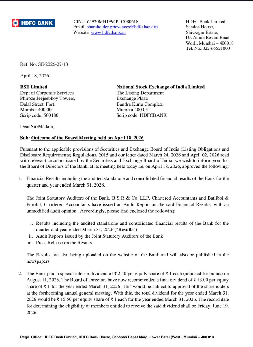 BusinessNewsPo1's tweet image. #HDFCBank Ltd Declared Final Dividend of Rs 13 (1300%) per share of FV Rs 1 with Q4 &amp;amp; Annual Audited Financial Results 
#StockToWatch
#StockInNews 
#StockInFocus 
#StockMarket
#Nifty #NSE #BSE #Nifty50 #Sensex