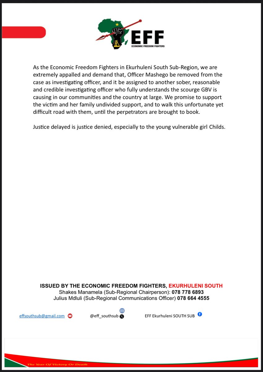 eff_southsub's tweet photo. ECONOMIC FREEDOM FIGHTERS EKURHULENI SOUTH SUB-REGION STATEMENT ON THE APPALLING CONDUCT, INSENSITIVE AND LACK OF EMPATHY TOWARDS VULNERABLE VICTIM OF GBV BY INSENSITIVE SOUTH AFRICAN POLICE SERVICES IN KATLEHONG STATIONS. https://t.co/xuZYeBSsJb