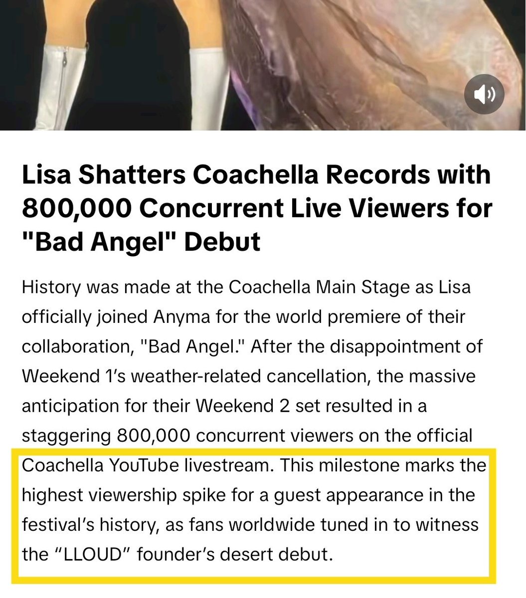 Cattiy1isLisa's tweet photo. 800K live viewers, 5M engagements on X, and 450K+ searches on Weibo. Lisa just secured the 2nd highest viewership in Coachella history, Breaking records as a soloist and dominating global trends simultaneously she truly is the standard. The Angel has landed https://t.co/aDjbtbVKnK