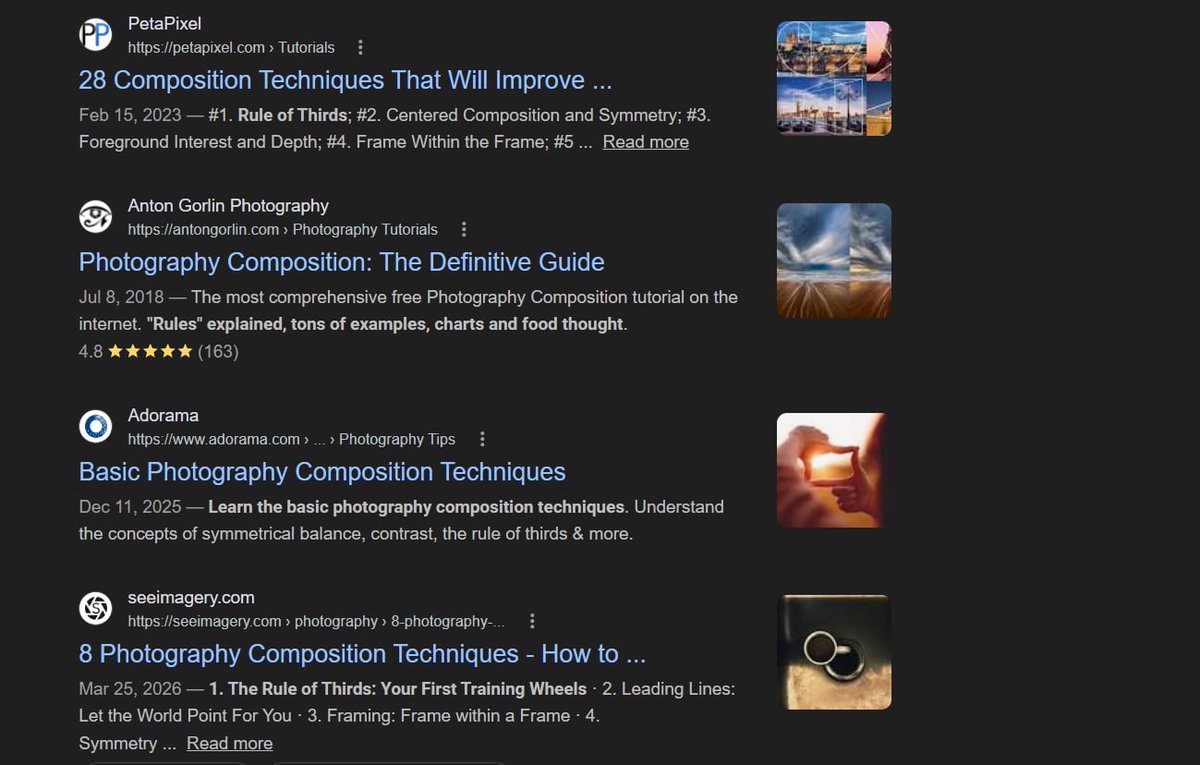 seeimagery's tweet photo. Friends, the cup is in the sink still but our last community blog post is climbing in the rankings... probably thanks to your amazing examples. We are on first page of Google for "Photography Composition Techniques" ...... which is kinda cool if anyone can get past the AI results 🥲
Maybe our post helps a new budding photographer.

8 Photography Composition Techniques – How to See the Frame Differently by @shurivich @SuleymanTutus_ @VMathumegalan @m_erbas_ @cappello75 @gorkemksr @ritchiesacra
https://t.co/fkSAvrN4GS via @seeimagery