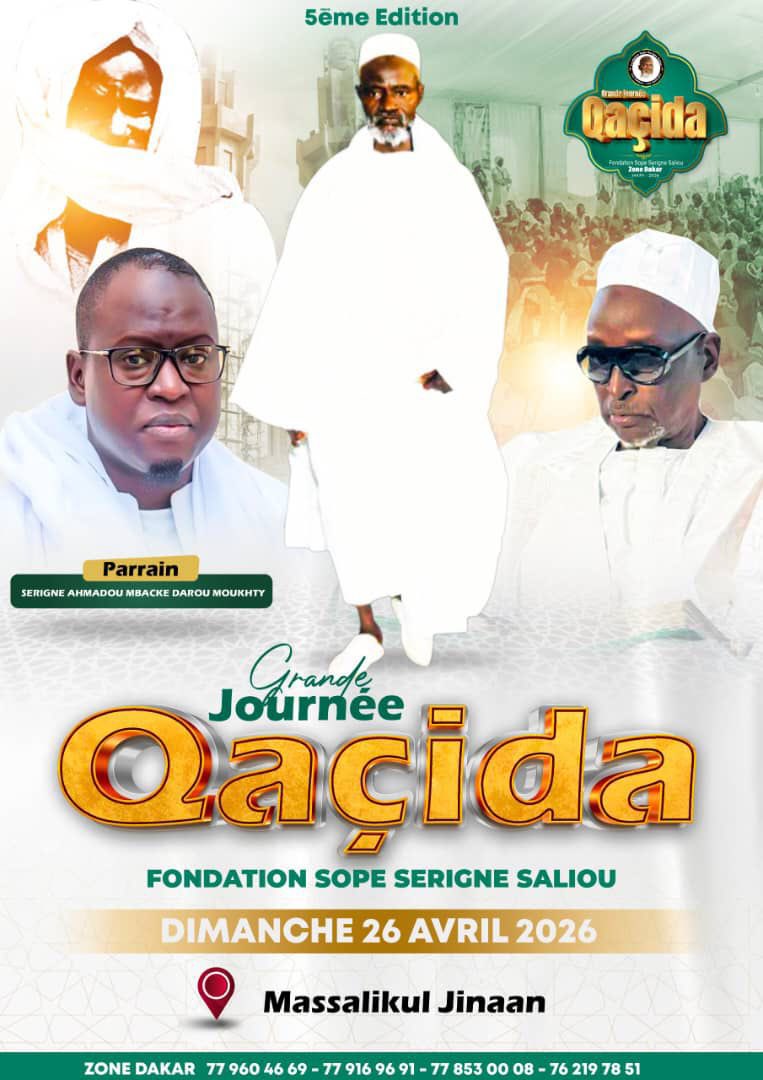 Bissoup Khassida ❤️🥲 organisée par la Fondation Sope Serigne Saliou Zone Dakar 
📆 Dimanche 26 avril 2026 à Massalikoul Djinane 
Parrain: Serigne Ahmadou Mbacké Darou Mouhty