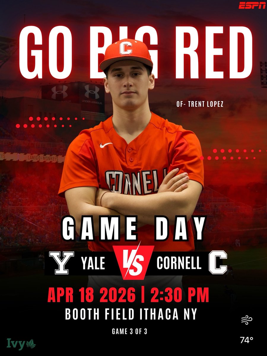 CornellBaseball's tweet photo. Let’s play two ✌️

🏟️ Booth Field, Ithaca NY
📆 4/18/2026 (11:30am)
🚨 Game 2/3
🆚 Yale Bulldogs
📺 ESPN+
🌦️ 68 Degrees • Windy

🏟️ Booth Field, Ithaca NY
📆 4/18/2026 (2:30pm)
🚨 Game 3/3
🆚 Yale Bulldogs
📺 ESPN+
🌦️ 74 Degrees • Windy

#YellCornell #BigRed https://t.co/RY54uCnv7v