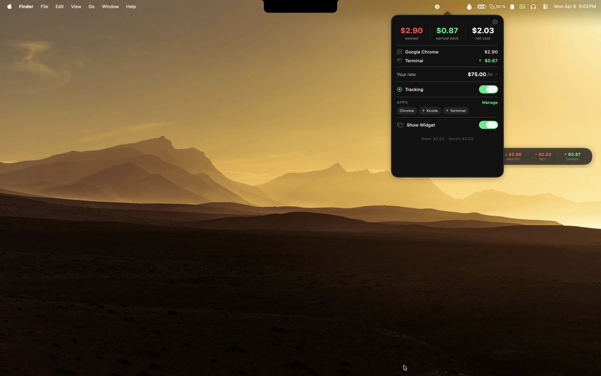 devlyapp's tweet image. built a macOS menubar app that converts your screen time into a live dollar cost every second in YouTube or Twitter, the counter ticks up. switch to Xcode or Figma and it comes back down no subscriptions, no account, $4.99 one-time #macOS #productivity #indiedev #macsoftware