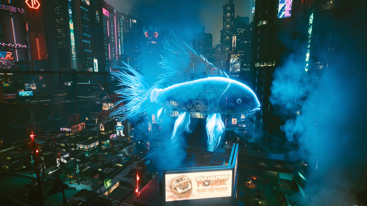 カブキ。
大きな金魚のホログラム🐟️レジーナ・ジョーンズのオフィスからだと、優雅に泳いでいる姿がよく見える。
#サイバーパンク2077 #Cyberpunk2077