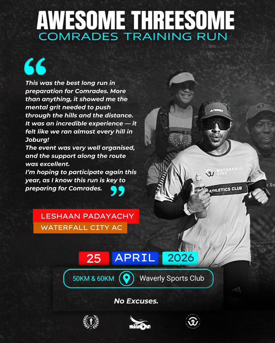 waterfallcityac's tweet photo. You’ve heard the stories… now it’s your turn 👊

50km & 60km isn’t for the faint-hearted… but neither is #comradesmarathon 😮‍💨‼️

The work has been put in.
The preparation is there.

Now the question is: are you showing up… or still making excuses? 👀

No excuses. 💪

➡️Register now: https://t.co/MTcmInHHlW

#NoExcuses 
#awesomethreesome 
#WCAC
#chillierunners 
#manoni