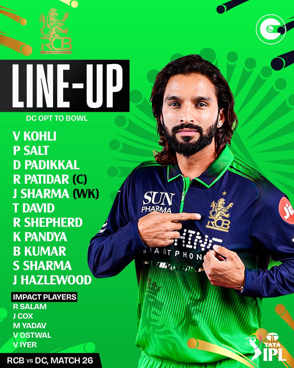 circleofcricket's tweet image. No changes for RCB, who will be batting first in the afternoon fixture.

#IPL2026 #RCBvDC #RCB