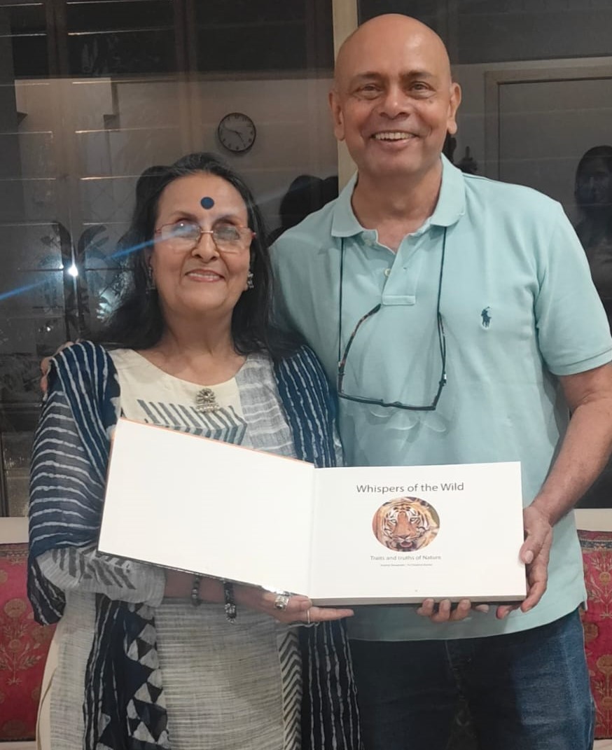 wkrish's tweet photo. With Jyoti Gandhi at a reading of Whispers of The Wild: Traits and Truths of Nature  by Swamy Viswanath retired Director Marketing at @TweetCarraro and me.
In Jyoti’s words, “Great pics… and very meaningful words. Love the book.” Now available online. https://t.co/740GnBExDz