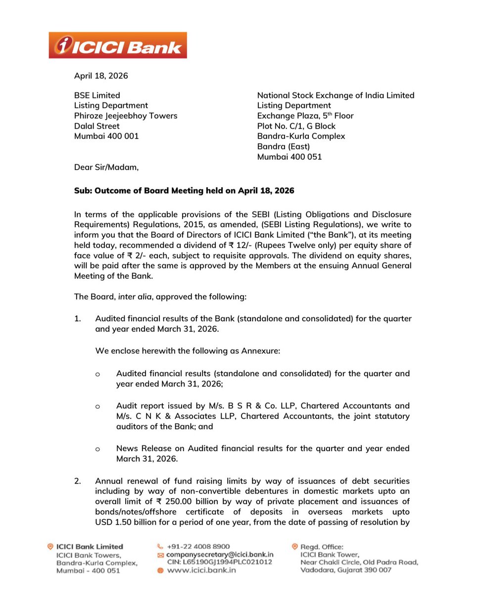 BusinessNewsPo1's tweet image. #ICICIBank Ltd Declared Dividend of Rs 12 (600%) per share of FV Rs 2 with Q4 &amp;amp; Annual Audited Financial Results 
#StockToWatch
#StockInNews 
#StockInFocus 
#StockMarket
#Nifty #NSE #BSE #Nifty50 #Sensex