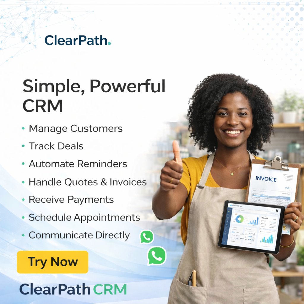 clearpathdigHQ's tweet photo. You remember every customer's face.

But can your business remember their last order? Their complaint from March? What they owe you?

Your memory doesn't scale. Your hustle doesn't scale.

But a system does.

ClearPath CRM  built for Nigerian SMBs who are ready to grow properly. 🇳🇬
https://t.co/2kN3voE52E
#SMB #NigerianSME #CRM #BusinessGrowth #Entrepreneurship #Lagos #StartupNigeria