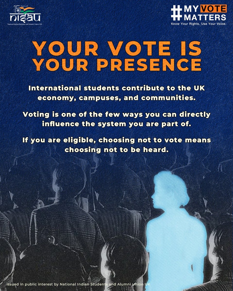 NISAU_UK's tweet image. Did you know? If you are an Indian national in the UK with valid leave to remain, you may be eligible to vote in local elections 🗳️

Your voice shapes housing, transport, jobs &amp;amp; your city.

🔗 gov.uk/register-to-vo…
Know your rights, use your voice!

20 April (11:59pm) Deadline.