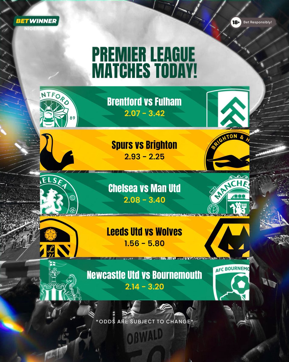 BetwinnerNg's tweet image. SUPER SATURDAY! Five Premier League matches today! Brentford vs Fulham 12:30pm. Three 3pm kickoffs including Leeds vs Wolves, Newcastle vs Bournemouth. Spurs vs Brighton 5:30pm. Chelsea vs Man Utd 8pm! Massive Saturday! ⚽🔥
#Betwinner #PremierLeague #SuperSaturday #BetwinnerNG