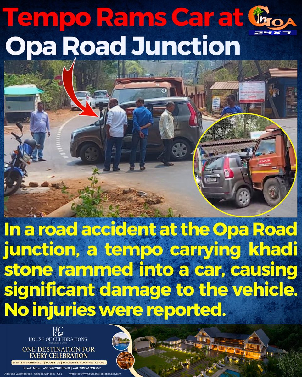 InGoa24x7's tweet image. Tempo Rams Car at Opa Road Junction

#Goa #GoaNews #Tempo #Car #Accident