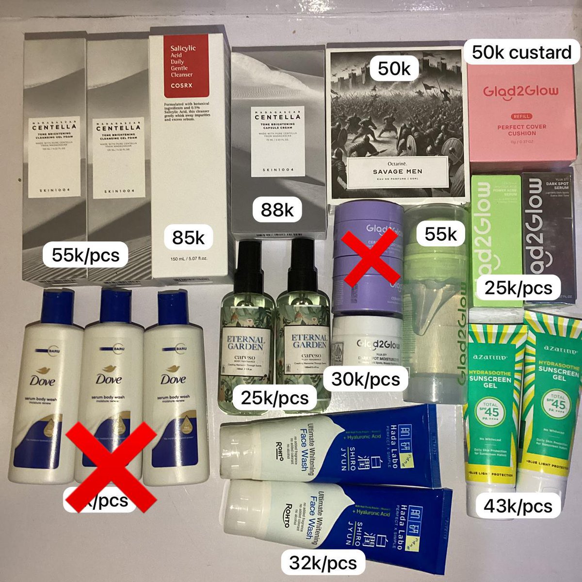 wts
- skin1004 brightening cleanser face wash, capsule cream
- cosrx salicylic acid gentle 150ml
- octarine savage men
- glad2glow g2g refill cushion 03 custard, moisturizer dark spot, acne centella, serum ijo/putih
- hada labo face wash shirojyun
- careso eternal garden