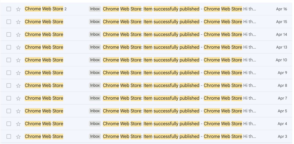 andylewise's tweet photo. Recently, my Chrome Extension @_GPTMaster got approved and published everyday in the Chrome Web Store.

On April 16, I even managed to published 2 versions.

The fastest approvals were in less than 1 hour after submission.

This is a significant improvement compared to a few months ago when it could take a whole week or more for a single review.

My guess is they've employed more automation and AI to review the changes.