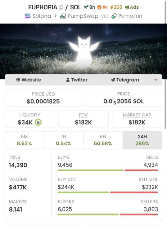 JournalTrader1's tweet image. 💎 $EUPHORIA  

$1.5K ➝ $182K MCAP  
121.33× move 🚀  

Early positioning + conviction paid off.  

CA: 2NKw8DMyzu9hh8qbKxmjn3bUukcaZdwSDa6HDhEMpump  

#Solana #memecoin