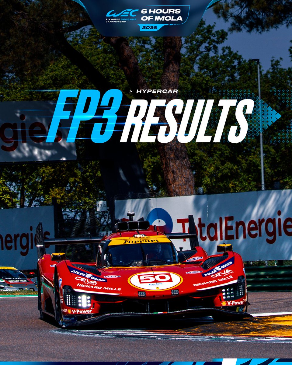 FIAWEC's tweet image. Ferrari sets the pace in FP3 🏁

@Anto_Fuoco goes quickest in the #50 with a lap time of 1:30.370.

#WEC #6HImola #Ferrari @FerrariHypercar