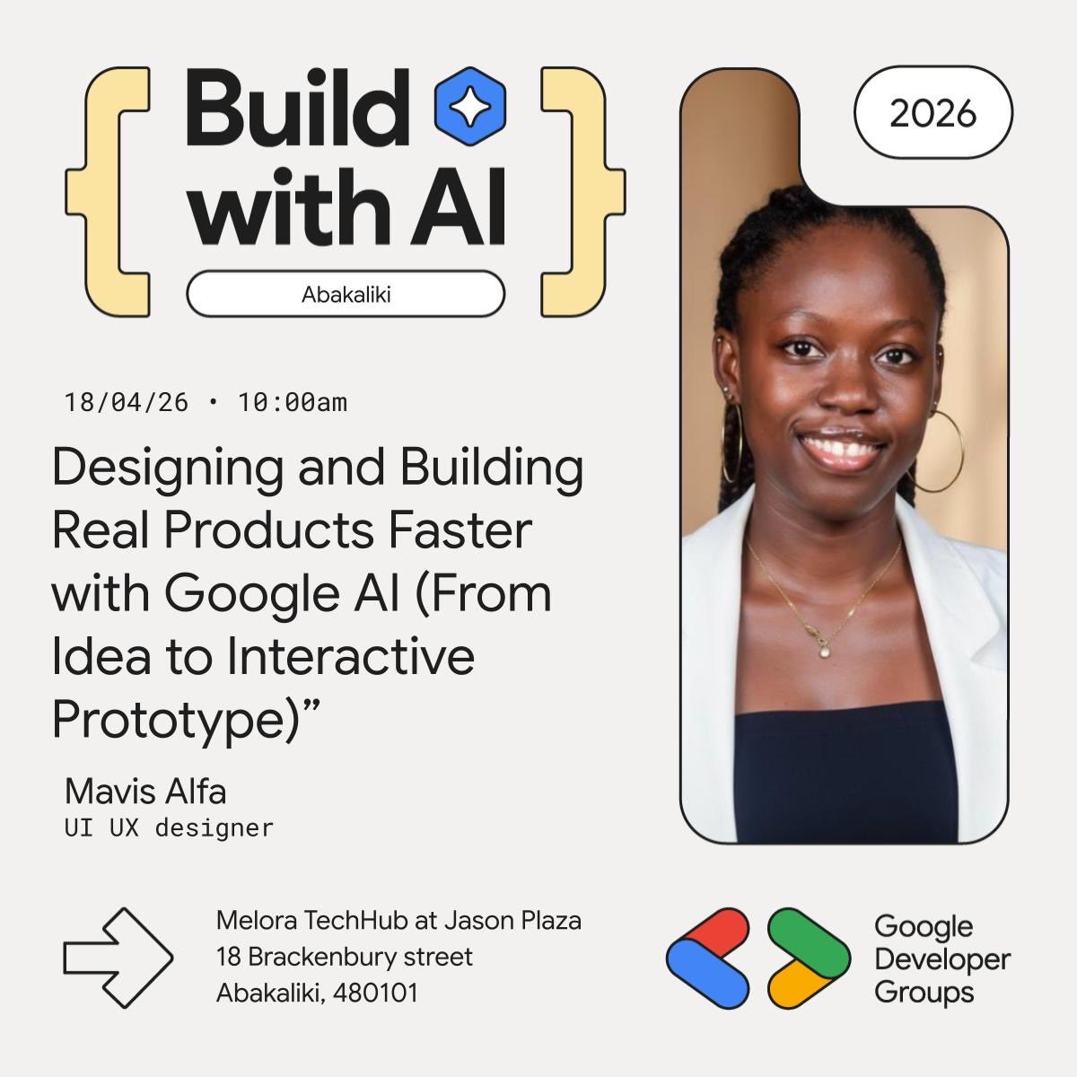 MavisBeee's tweet image. We are live 

Let’s learn to build with AI.

📅 18/04/26
⏰ 10:00 AM
📍 Melora TechHub, Abakaliki
🎟️ gdg.community.dev/e/m64pvn⁠�

#AI #GDG @GDGAbakaliki