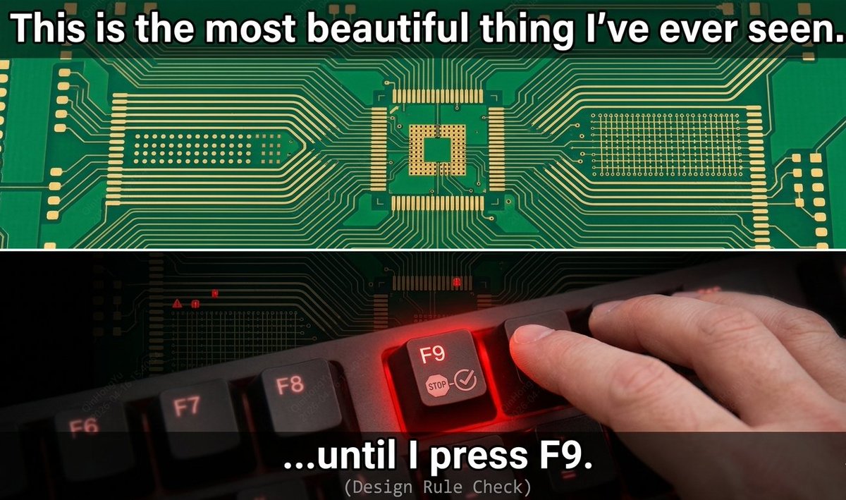 JLCPCB's tweet image. Meme Saturday
The scariest button in the world isn't "Delete". It’s F9. 🚩
Ignorance is bliss, but the DRC shows no mercy 💀
#EngineeringLife #PCB #Electronics #Meme
