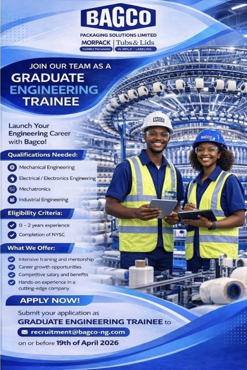 tohire_ng's tweet photo. IN CASE YOU MISSED THEM, HERE IS THE LIST OF GRADUATE TRAINEE/INTERNSHIP PROGRAMMES POSTED TO OUR PLATFORMS THIS WEEK!

1.) Transnet Cloud Graduate Trainee – Engineering

Apply 👇 
https://t.co/HA35tea4s2

2.) Internship Opportunities at Black Pelican Group

📍Abuja 

●Finance Intern (NYSC)
Apply 👇 
https://t.co/FfIWkIlJpd

●Project Monitoring Intern (NYSC)
Apply 👇 
https://t.co/rLO7oSENMe

●Sales Intern (NYSC)
Apply 👇 
https://t.co/nowF2t6mGA

3.) Nesternship Programme 2026 by Nestlé is open!

Apply 👇 
https://t.co/IPQeBE89GX

4.) BPS Graduate Trainee Programme 

Apply 👇 
https://t.co/IC53Kv8PCK

5.) BAGCO GRADUATE ENGINEERING TRAINEE (check slide 3)

6.) ValuAlliance Analyst Program 2026

Apply 👇 
https://t.co/7PhCtaaHKI

7.) Shell Graduate Programme 2026 - Nigeria (No Age Restrictions)

Apply 👇 
https://t.co/hF6lzrlsFb

8.) Norrenberger Software Engineering Intern - NYSC

📍Abuja 

Apply 👇 
https://t.co/RfonT3STCP

9.) Internship Opportunities at The British Council  - Lagos 

Intern - Executive Support Assistant - Exams
Apply 👇 
https://t.co/v3Z3VpDQDB

Intern - Exams Marketing Support
Apply 👇 
https://t.co/zPlMaewTkX

10.) NYSC HR Intern at Talenture 

Location: Lagos 

Apply 👇 
https://t.co/ExONLbFDyk

Good luck 👍