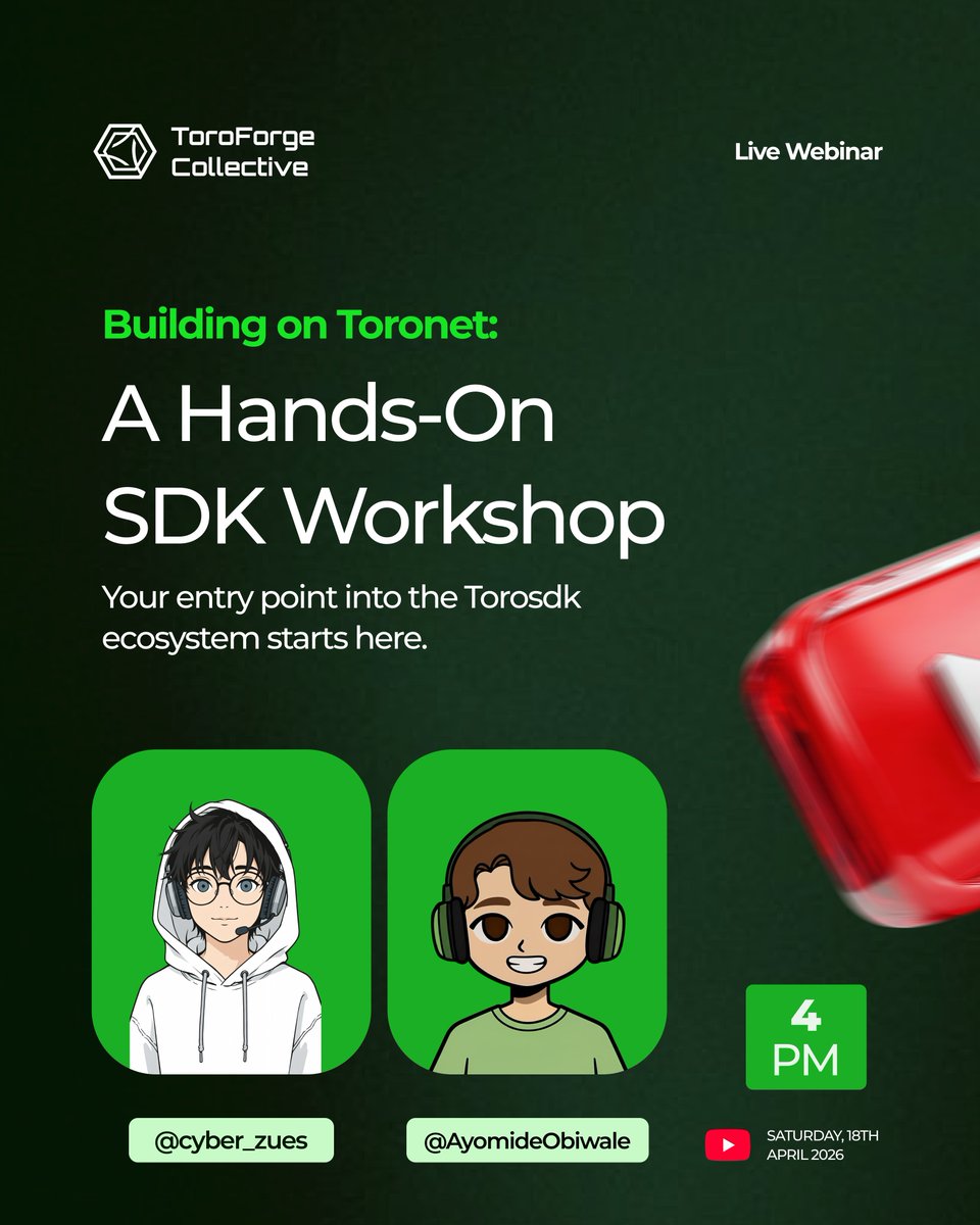 Toroforge's tweet photo. 🚀 Building on Toronet starts here.

Join our Hands-On SDK Workshop and learn how to actually build using the Torosdk ecosystem.

🧠 Live coding. Real use cases. No fluff.

🎙 With @cyber_zues & @AyomideObiwale
📅 April 18
🕓 4 PM WAT
If you’ve been waiting to start building on Toronet — this is your entry point.
📌 Workshop link will be dropped on Discord at the appropriate time

🔥 Set your reminder & invite a builder.

#ToroForge #TDC #BuildOnToronet #Web3Africa