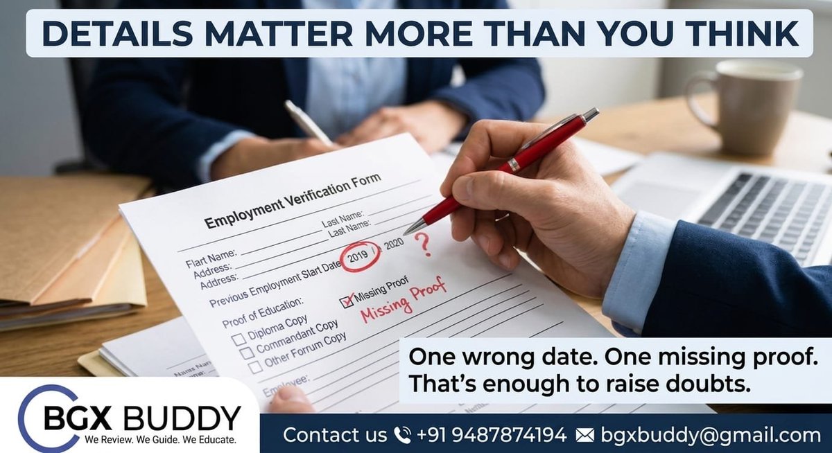 BgxBuddy's tweet image. Details Matter More Than You Think. 🔍

One wrong date or a single missing proof is enough to raise doubts during your background check. 

Why BGX Buddy?

Meticulous Review: 
Proactive Solutions: 

Contact now :
📞+91 94878 74194 📧 bgxbuddy@gmail.com
#BGV #CareerTips #JobSearch