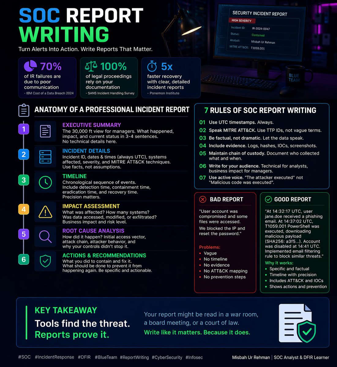 misbahwaraich's tweet photo. Most SOC analysts can detect the threat.
Few can document it well enough to matter.

Report writing is the skill that separates
a good analyst from a trusted one.

#SOC #IncidentResponse #DFIR #BlueTeam #CyberSecurity #ReportWriting #Infosec https://t.co/GbEhrKmVZ8