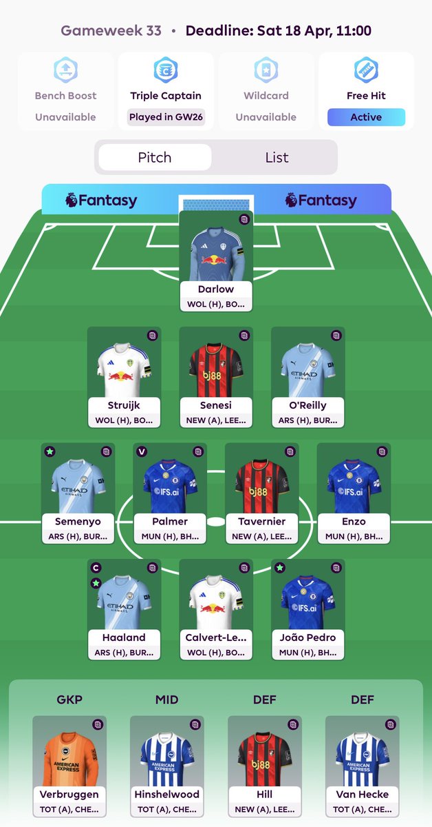 fplplaya's tweet photo. Team for #GW33 🔒

🚨 Free hit active! 🚨 

OR: 70K 🌍

Haaland © 🇳🇴 

Good luck everyone! 🤞

#FPL #FPLCommunity @FpLalbert #DGW33 https://t.co/OUGSBMpMUg