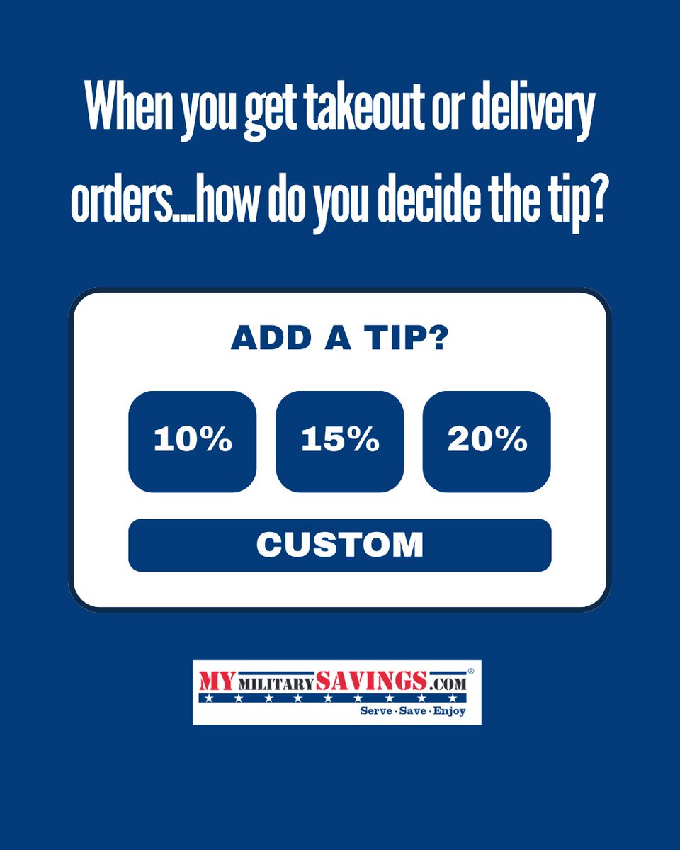 MyMilitarySvgs's tweet image. If I have to pick up, I tend to go closer to 10%, but if I have delivery, then it is closer to the 20%, if reasonable!

#mymilitarysavings #tipping #delivery #takeout