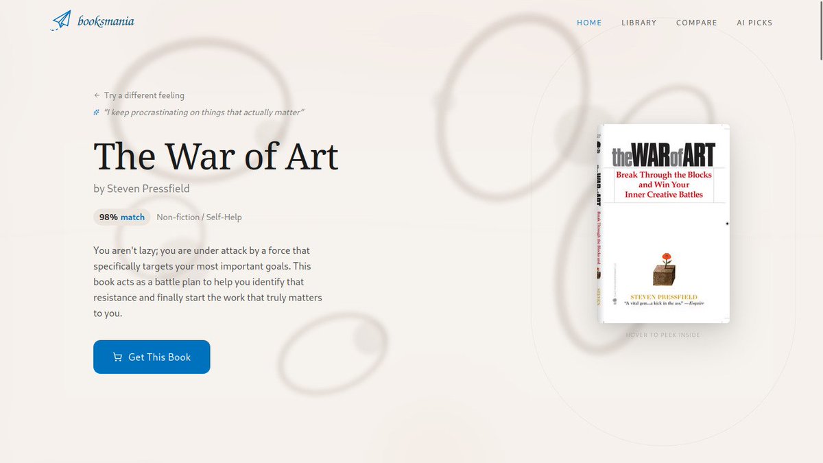 theAJStarss's tweet photo. finally wrapped up a side project i’ve been hacking on: https://t.co/6fxt5kckeq
honestly built it to scratch my own itch because i needed a better way to find books based on exactly what i'm looking for. i actually use it a ton myself now.
hope you guys like it. give it a spin if you want!