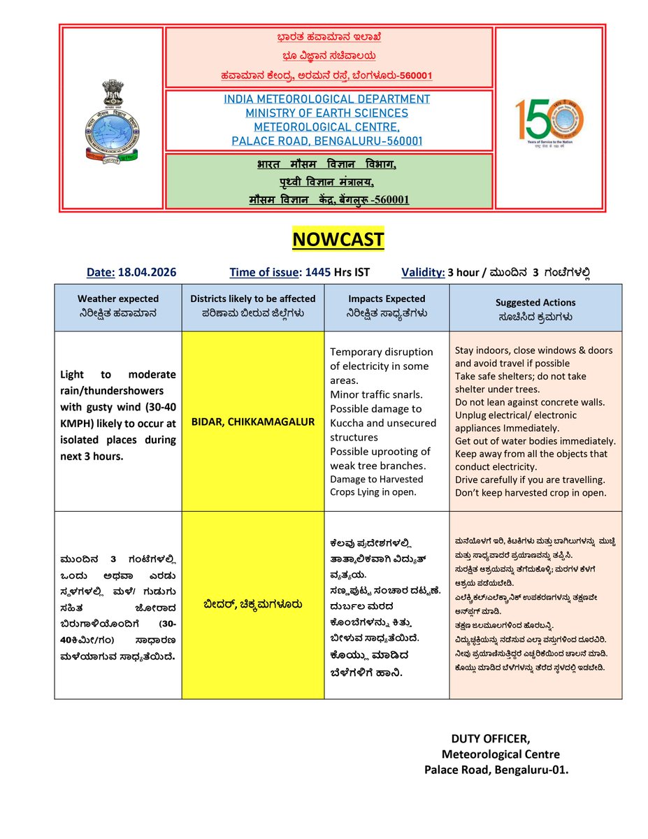 KarnatakaSNDMC's tweet image. IMD's #Nowcast :  
#CAP-SACHET  
#KSNDMC 
@DEO_CHIKMAGALUR 
@bidar_dc