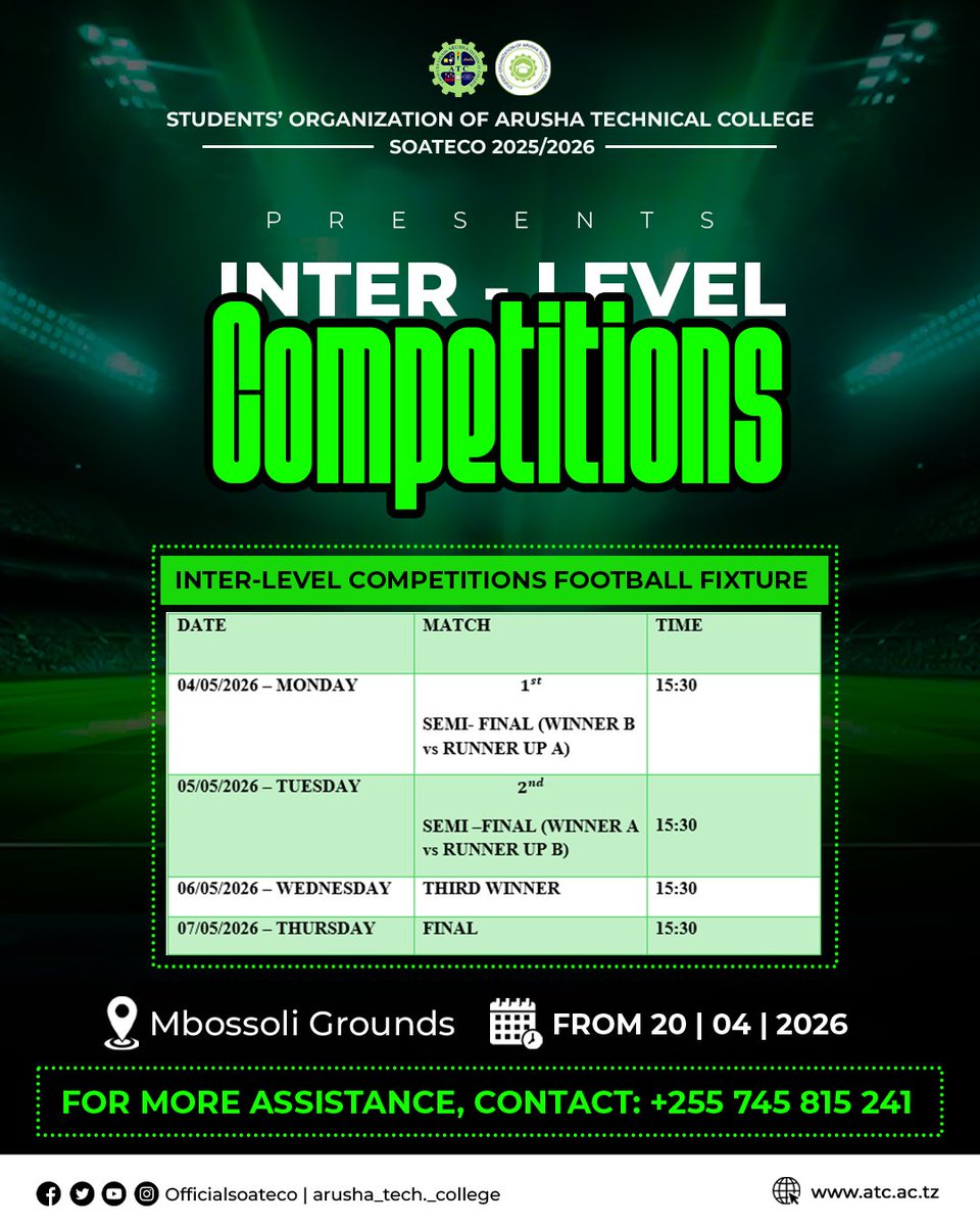⚽ Inter-Level Football Fixtures are HERE! 
📍 Mbossoli Grounds
📅 Starting 20/04/2026

Check the poster for match times and matchups. See you there! 🙌🔥