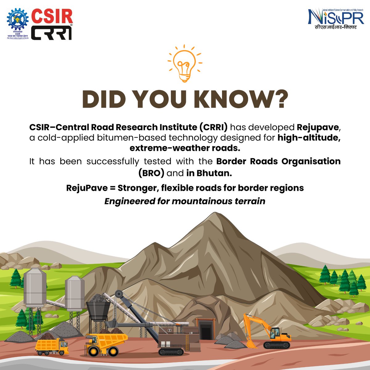 CSIR_NIScPR's tweet image. 💡 #DidYouKnow?

Stronger Roads for Tough Terrains

@CSIRCRRI  has developed Rejupave, an innovative cold-applied bitumen technology designed for high-altitude and extreme-weather regions.

✔ Flexible and durable roads
✔ Ideal for mountainous terrains
✔ Successfully tested