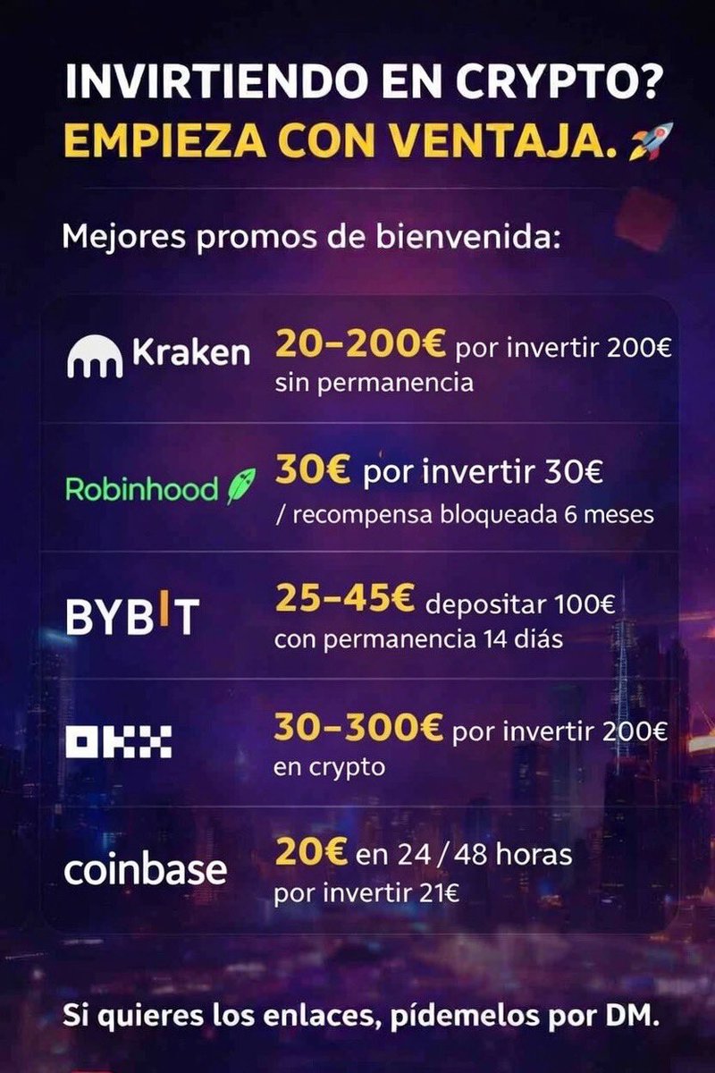 LinzeInversor's tweet photo. 🚨 Si vas a entrar en crypto, no entres sin aprovechar las promos de bienvenida.

Ahora mismo puedes empezar con bonus en:

Kraken → 20-200€  
Robinhood → 30€  
Bybit → 25-45€  
OKX → 30-300€  
Coinbase → 20€ en 24/48h

La diferencia entre entrar “como uno más” y entrar con ventaja está en esto:  
aprovechar el bonus antes de invertir. 🚀

Porque si el dinero lo ibas a mover igual, hacerlo con promo es simplemente jugar mejor.💰

📩 Pídeme los enlaces por DM y te los paso.