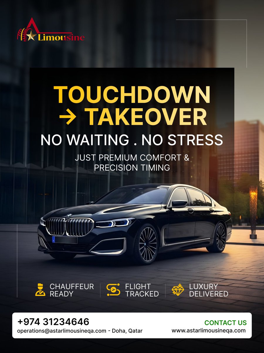 Astarlimousinqa's tweet image. From touchdown to takeover — experience seamless luxury.

📞 +974 31234646
🌍 astarlimousineqa.com

#LuxuryTravel #AirportTransfer #ChauffeurService #DohaQatar #PremiumExperience #TravelInStyle