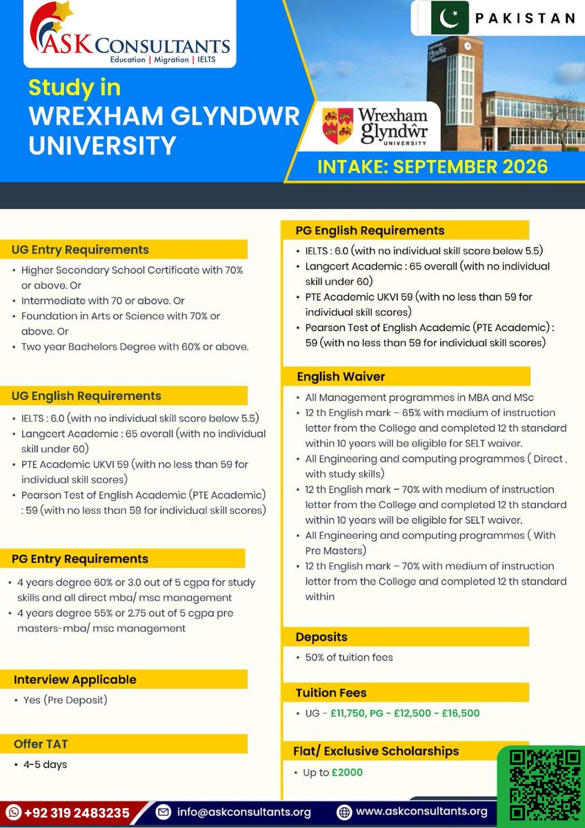 askconsultants0's tweet image. Affordable UK Start – Wrexham 🇬🇧
Start UK Study on Budget

• Low-Cost UK Study Option
• Flexible Entry Criteria
• Simple Admission Process

#StudyInUK #WrexhamGlyndwrUniversity #AffordableUK #UKStudentVisa #StudyAbroadPakistan #ASKConsultants