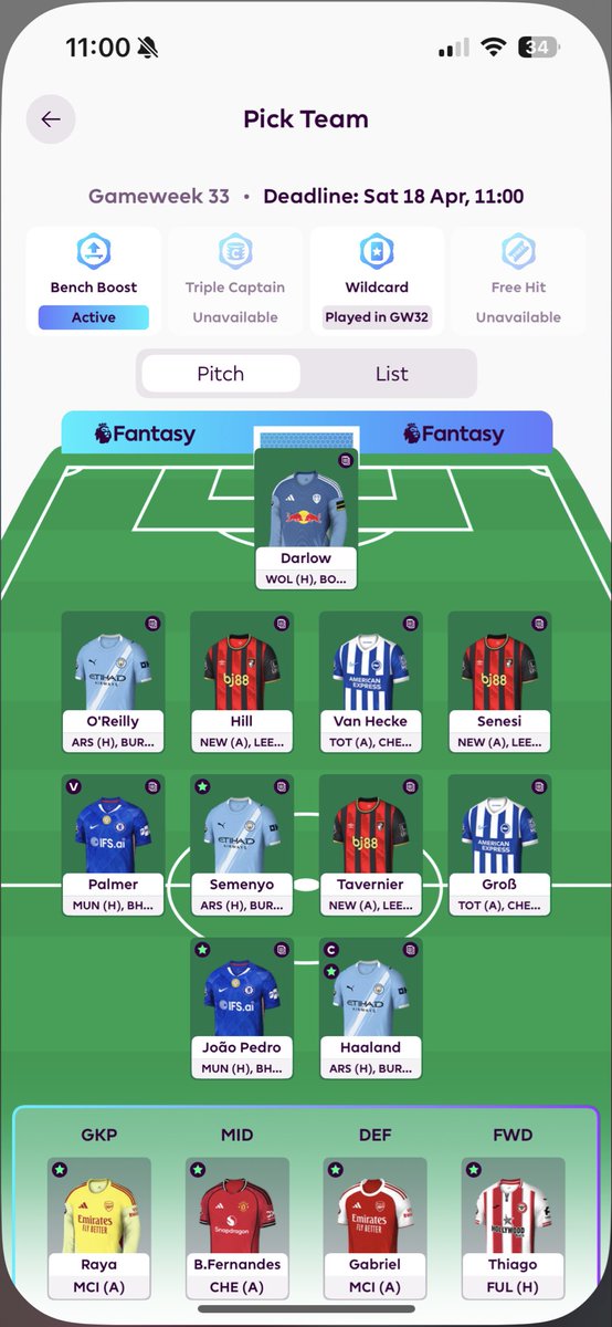 FPL_Tof's tweet photo. After much consideration, I decided to activated bench boost - despite it being single fixtures, there’s some amazing assets on there that I would never normally bench. Roll on this swingy week and good luck all! Played it safe with Haaland captain. https://t.co/kwVxkoGwqu