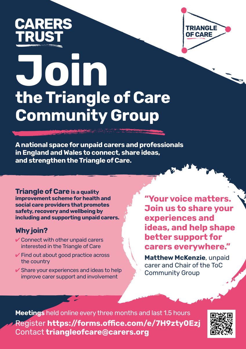 mmckenz11's tweet image. Join the Triangle of Care Community Group — A national space for unpaid carers &amp;amp; professionals to connect, share ideas, and improve support together.
Your voice matters.
Sign up: forms.office.com/e/7H9zty0Ezj
#Carers #TriangleOfCare #HealthAndCare
