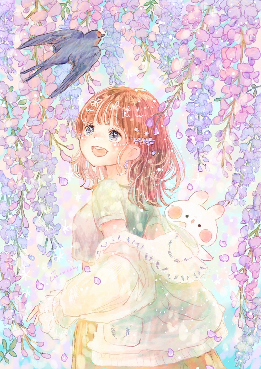 「藤の花が満開です。 お花の季節になりましたね.*・゜」|momochy🐇 (ももちー)のイラスト