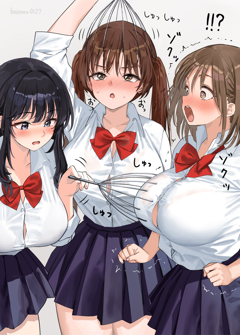 ヘッドマッサージグッズを胸に使って未体験の感覚を味わう女子のイラスト