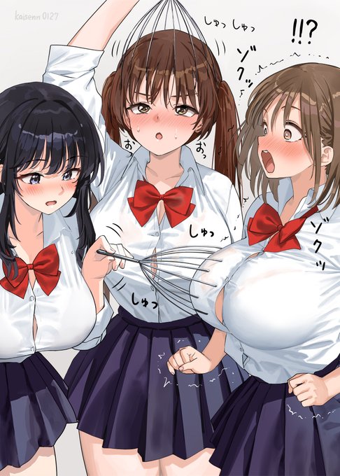 ヘッドマッサージグッズを胸に使って未体験の感覚を味わう女子のイラスト 