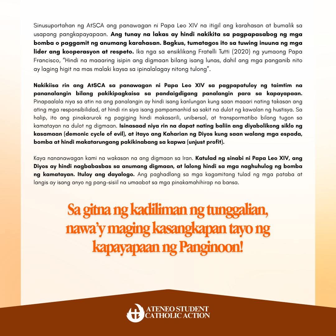 AteneoSCA's tweet photo. 𝗕𝗔𝗦𝗔𝗛𝗜𝗡 | 𝐏𝐚𝐡𝐚𝐲𝐚𝐠 𝐧𝐠 𝐏𝐚𝐠𝐤𝐨𝐧𝐝𝐞𝐧𝐚 𝐧𝐠 𝐀𝐭𝐞𝐧𝐞𝐨 𝐒𝐭𝐮𝐝𝐞𝐧𝐭 𝐂𝐚𝐭𝐡𝐨𝐥𝐢𝐜 𝐀𝐜𝐭𝐢𝐨𝐧 (𝐀𝐭𝐒𝐂𝐀) 𝐋𝐚𝐛𝐚𝐧 𝐬𝐚 𝐃𝐢𝐠𝐦𝐚𝐚𝐧𝐠 𝐔𝐒-𝐈𝐬𝐫𝐚𝐞𝐥 𝐬𝐚 𝐈𝐫𝐚𝐧

AtSCA para sa Kapayapaan. ✊ https://t.co/4ykqH7r9rx