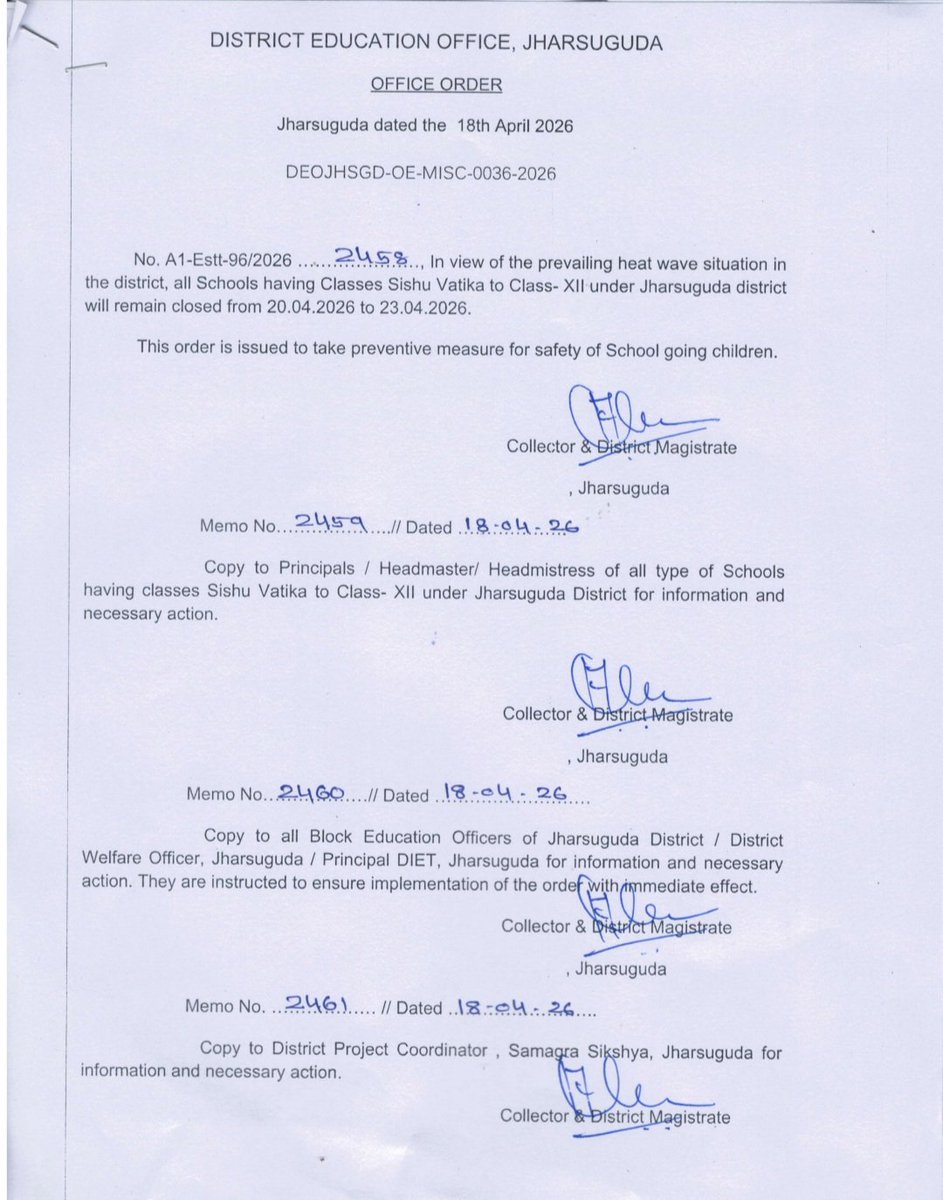 barik_surendra's tweet image. In view of the prevailing heatwave, all schools (Sishu Vatika to Class XII) in Jharsuguda district will remain CLOSED from April 20 to April 23, 2026
The order by
@dm_jharsuguda aims to ensure student safety. Stay hydrated! 
#Odisha
 #Heatwave #SchoolClosure #Jharsuguda