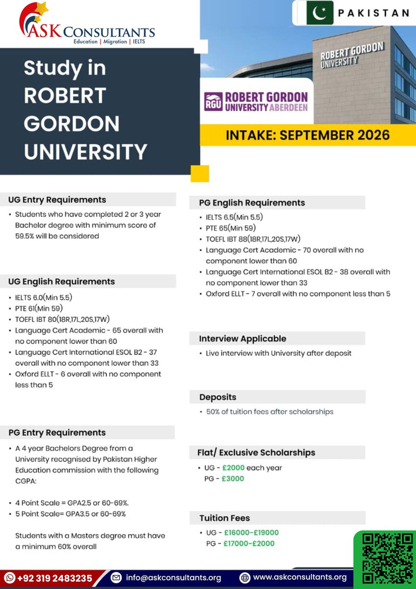 askconsultants0's tweet image. Career-Focused UK Study 🇬🇧
High Employability UK Uni

• Industry-Focused Programs
• Strong Employability Rate
• Practical Learning Approach

#StudyInUK #RobertGordonUniversity #UKStudentVisa #CareerFocusedEducation #StudyAbroadPakistan #ASKConsultants