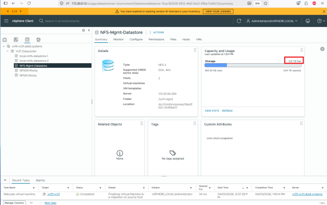 dsimelka's tweet image. New blog post to reclaim Terabytes of space on your SSD storing your VCF Labs physical or Nested by transitioning from windows NFS to Linux NFS with VMware storage vMotion. – #vExpert Abbed Sedkaoui dy.si/qPAno
