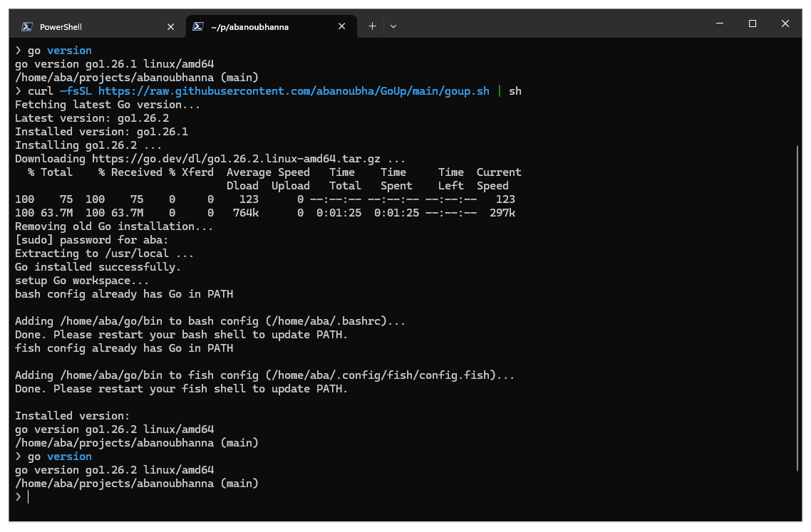abanoubha's tweet photo. Here is me upgrading installed Go toolchain in my WSL Ubuntu

#Golang #BuildInPublic #BuildingInPublic #Ubuntu #WSL https://t.co/HEZTzYBv0R