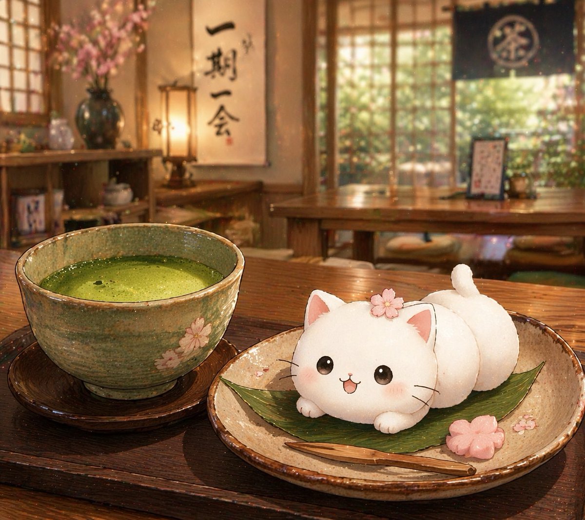 inunultuko's tweet photo. あるまちのお茶やさん。
「お茶屋　一期一会」。
おさらにのっているのは、白玉ぬこ。
「ねえねえ、ここでひとやすみしない？」
まっ茶のかおりがふんわりただようお茶やさんで、こころもからだもほっとひといき。
あなたも白玉ぬこと、やさしいじかんをすごしてみませんか？ https://t.co/g0Uho6YhK6